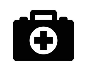 Obraz premium First Aid Box. Black first aid kit flat icon isolated on white background Vector illustration. First aid kit with cross. Health bag. Healcare, Hospital and medical concept. Rescue system. 