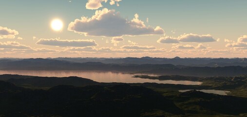 River banks at sunset, archipelago at sunrise, 3d rendering