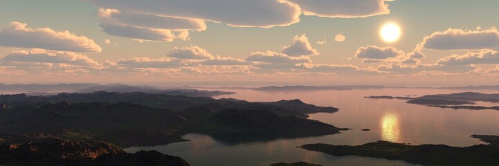 River banks at sunset, archipelago at sunrise, 3d rendering