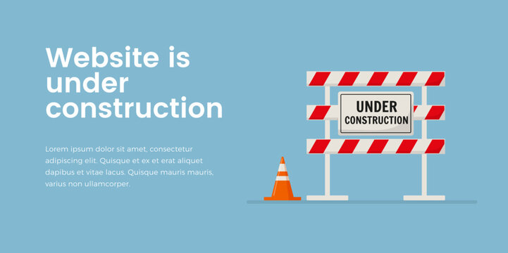 Under construction road sign with striped fence, landing page template, flat vector illustration.