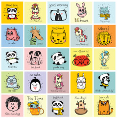 Fototapeta premium Vector set of cute happy animal faces for kid's interiors, banners and posters.