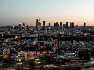 Poland, Warsaw capital city during twilight. Aerial drone view.