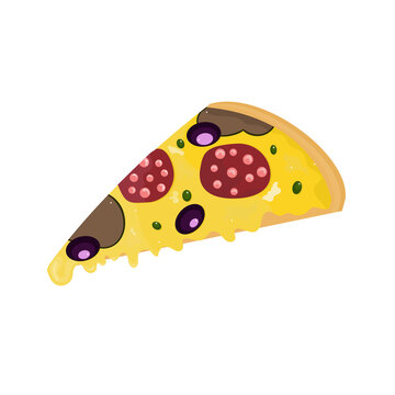 Image of a slice of pizza with sausage, capers and olives.