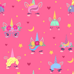 Fototapeta premium Fairy unicorn seamless pattern, cartoon flat vector illustration on pink background.