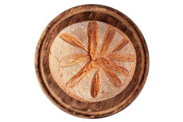 Fototapeta na wymiar Fresh loaf of bread on wooden board. Freshly baked bread isolated on white background, top view.