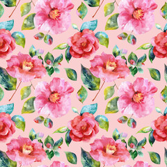 Watercolor pattern of camellias. Pattern background of pink camellias with leaves and stems on a white background