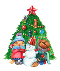 Watercolor cats. Cartoon cats in winter clothes on the background of a Christmas tree with a snowman