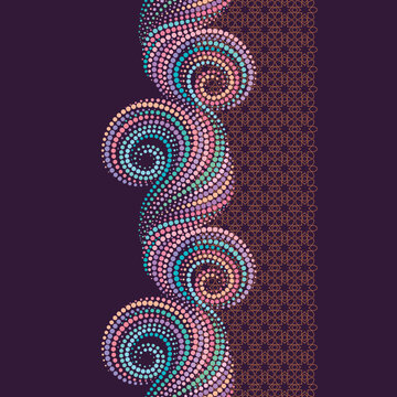 Seamless ethnic border with dots. Colorful geometric pattern . Vector clipart Dark background. Use for embroidery, braid, tape, ribbon.