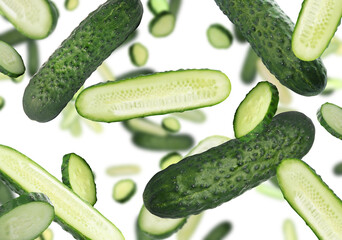 Fresh green cucumbers falling on white background