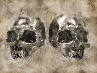 Two skulls side by side - vintage 3D illustration
