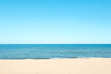 Fototapeta na wymiar Picturesque view of sandy beach with seagulls near sea