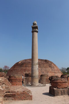 View of Ashok Stumbh and Buddhist Stupa, Pilgrims doing Pradakshina,  Kolhua, Vaishali, Bihar, India. Ashok Pillar.  
