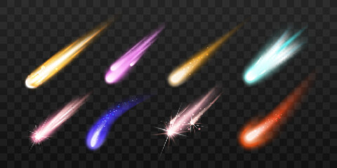 Set of colorful meteors and comets. Space meteorites and asteroids, light sparkles shooting stars, galaxy objects with glowing dust and gas tails. Vector isolated illustrations. © sabelskaya