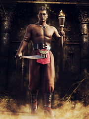 Fototapeta na wymiar Fantasy tribal warrior standing in front of a temple, holding a sword and a torch. 3D render - the man is a 3D object.