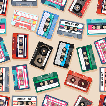 Colorful  Seamless Cassette Pattern. Audio cassette seamless pattern. Unique and Trendy  seamless pattern background for your unique design.