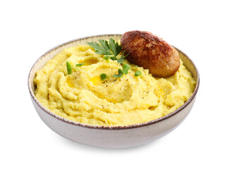 Bowl of tasty mashed potatoes with parsley, black pepper and cutlet on white background