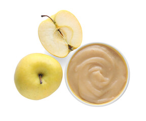 Apple puree in bowl and fresh fruits on white background, top view