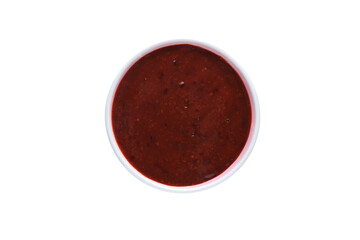 Fruit puree in bowl isolated on white, top view