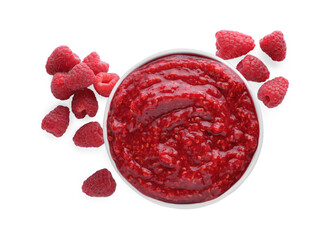 Raspberry puree in bowl and fresh berries on white background, top view