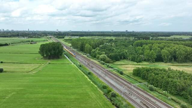 Dutch moving commercial train in nature forrest landscape. Modern sustainable commuting method. Travel transportation passenger infrastructure. Locomotive in green land environement. The Netherlands.