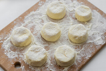 Raw cottage cheese pancakes on a wooden board. Traditional breakfast or lunch.