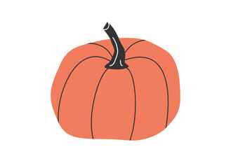 Hand drawn cute cartoon illustration of pumpkin. Flat vector Halloween and Thanksgiving sticker in simple colored doodle style. Fall or autumn harvest icon or print. Isolated on white background.