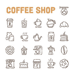 Coffee shop doodle vector icon set. Cartoon bakery for cafe menu.