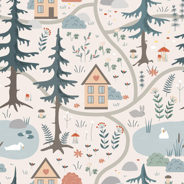 Cute seamless pattern with forest landscape elements. Cartoon animals, lake, houses, trees and flowers. Scandinavian vector background