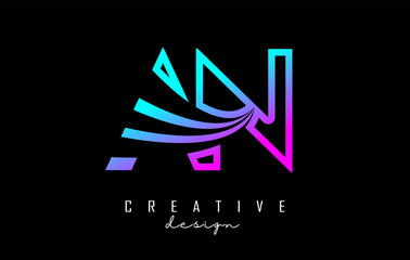 Outline colorful leading lines letters AN a N logo with road concept design. Letters AB with geometric design.
