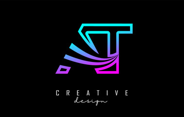 Outline colorful leading lines letters AT a t logo with road concept design. Letters AB with geometric design.