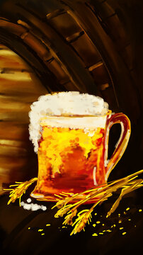 Mug of beer near barrel with spikelets on wooden table