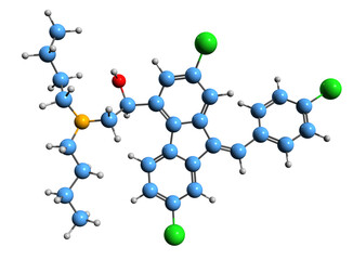 3D image of Lumefantrine skeletal formula - molecular chemical structure of  antimalarial drug benflumetol isolated on white background