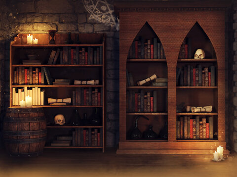 Fantasy magical library with books, scrolls, candles, and skulls at night. 3D render.