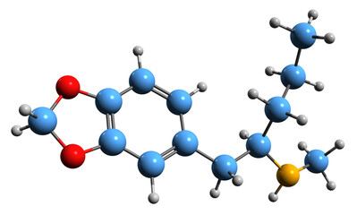3D image of MBDP skeletal formula - molecular chemical structure of 1 3-Benzodioxolyl-N-methylpentanamine isolated on white background