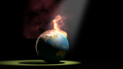 Burning Earth on black background, global warming concept. 3D illustration