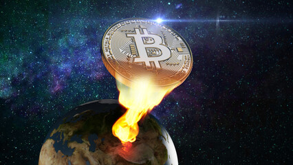 Rise of gold Bitcoin on black background. Concept of a cryptocurrency market. 3D illustration	
