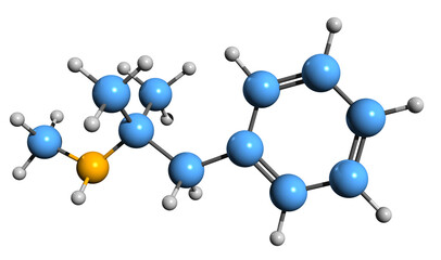 3D image of Mephentermine skeletal formula - molecular chemical structure of cardiac stimulant isolated on white background
