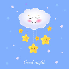 Good night card with the cute sleeping cloud and stars. Good night kids poster. Vector illustration. Good night kids poster.
