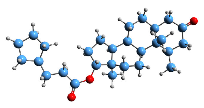  3D image of Mesterolone cipionate skeletal formula - molecular chemical structure of  synthetic anabolic&ndash;androgenic steroid isolated on white background
