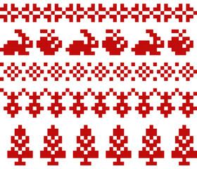 Christmas scandinavian ornament, pixel seamless pattern, red apples, Christmas trees, rabbits, snowflakes on white background