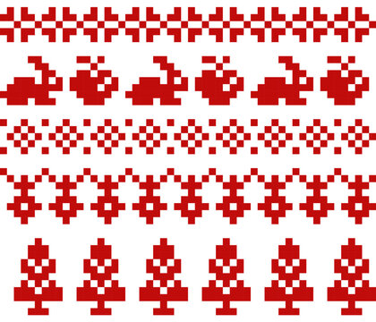Christmas scandinavian ornament, pixel seamless pattern, red apples, Christmas trees, rabbits, snowflakes on white background