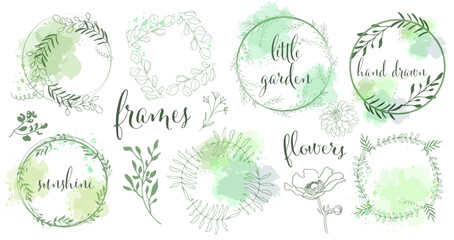 Colorful frames with vector plants and grasses. Minimalist style of hand drawn plants. With leaves and organic shapes. Space for your own design.