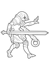 A cute girl black swordsman knight she is a warrior standing in a fighting pose with a sword in her hand, she is wearing armor she has long hair braided, drawn in a manga style coloring outline