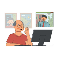 senior men talking online to son on computer