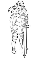A cute girl knight drawn in cartoon anime style stands leaning on her sword, she has long hair, she is wearing armor, outline drawing coloring