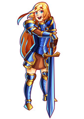 Obraz premium Cute cartoon anime style knight girl stands, leans on her sword, she is in armor, she has long golden hair, color sticker