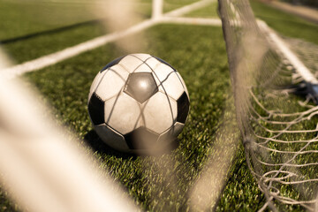 close-up view of leather soccer ball on green grass.