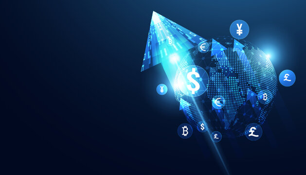 Abstract Money Transfer Online Currency On Background Modern Blue Concept Arrow Global Money Movement Currency Exchange Dollar Euro Yen
