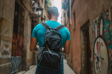 Male tourist walking in old town alley. Barcelona, Spain.