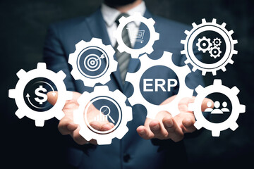 ERP and gear icons. Enterprise resource planning concept. Man holding in his hand